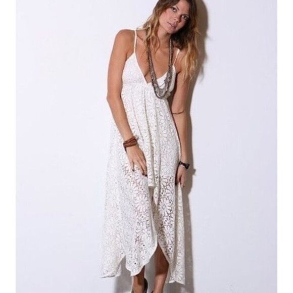 Jen's Pirate Booty Bohemian Cream Floral French Lace High-Low Sleeveless Dress - Picture 1 of 9